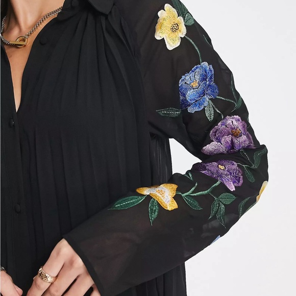ASOS DESIGN Tall pleated midi shirt dress with embroidered sleeves in black - Picture 2 of 7